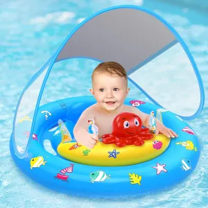 Baby Pool Float with Canopy, Inflatable Baby Swim Float with UPF50  Sun Protection, Toddler Infant Pool Float with Toy Play Console Adjustable Safety Seat for Kids Girls Boys Aged 6-36 Months