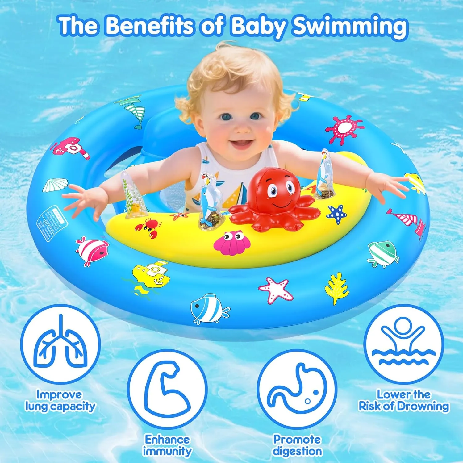 Baby Pool Float with Canopy, Inflatable Baby Swim Float with UPF50  Sun Protection, Toddler Infant Pool Float with Toy Play Console Adjustable Safety Seat for Kids Girls Boys Aged 6-36 Months