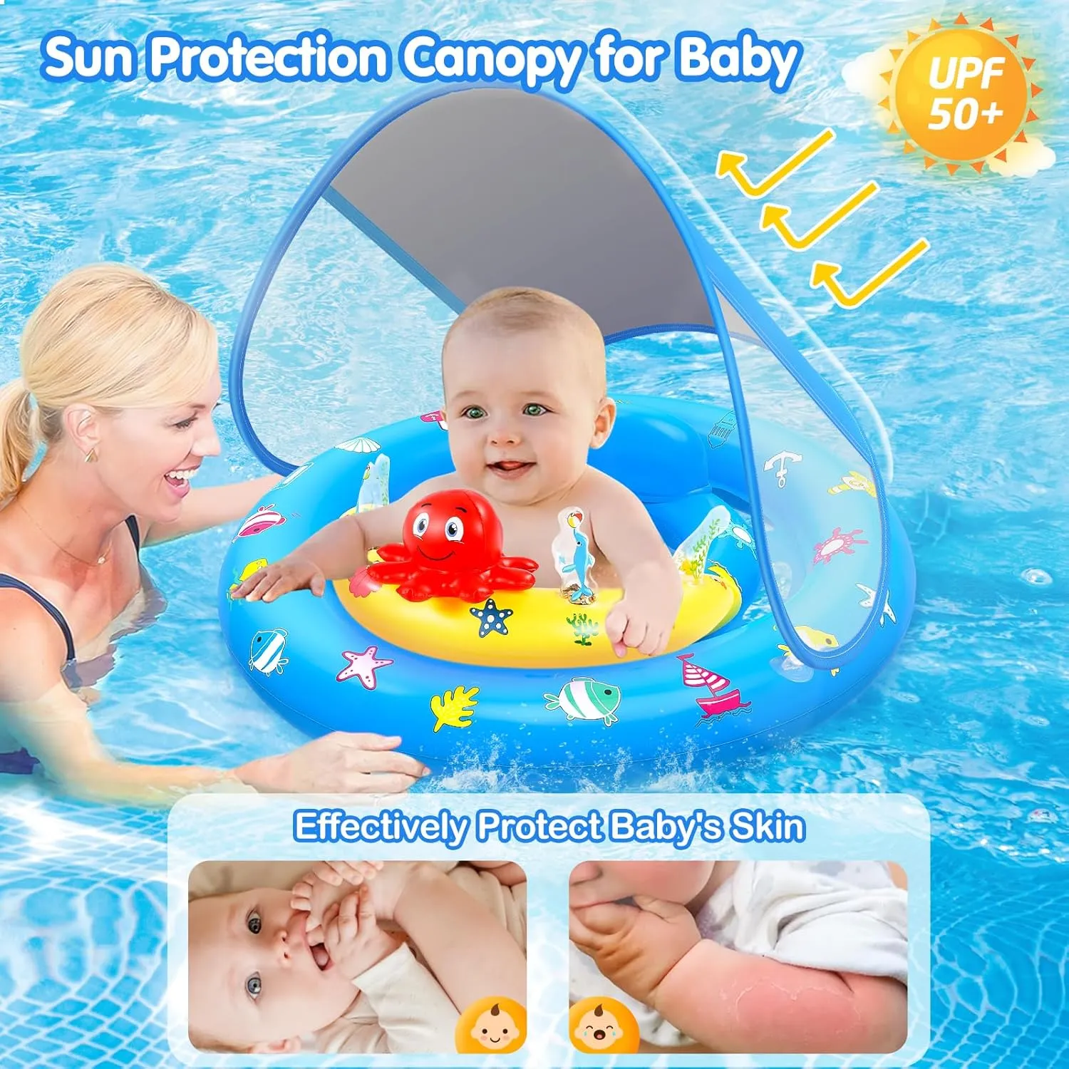 Baby Pool Float with Canopy, Inflatable Baby Swim Float with UPF50  Sun Protection, Toddler Infant Pool Float with Toy Play Console Adjustable Safety Seat for Kids Girls Boys Aged 6-36 Months