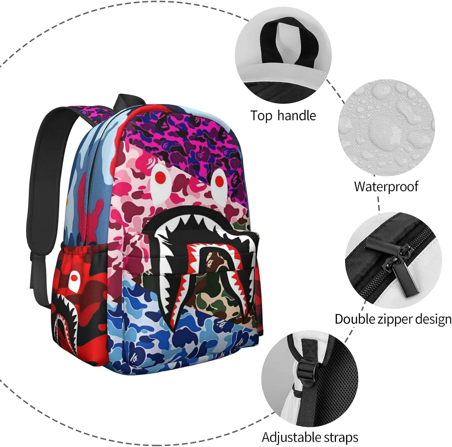 Backpack Shark Teeth Camo Backpacks Travel Laptop Daypack Big Capacity Bookbag Fashion Durable for Men and Women
