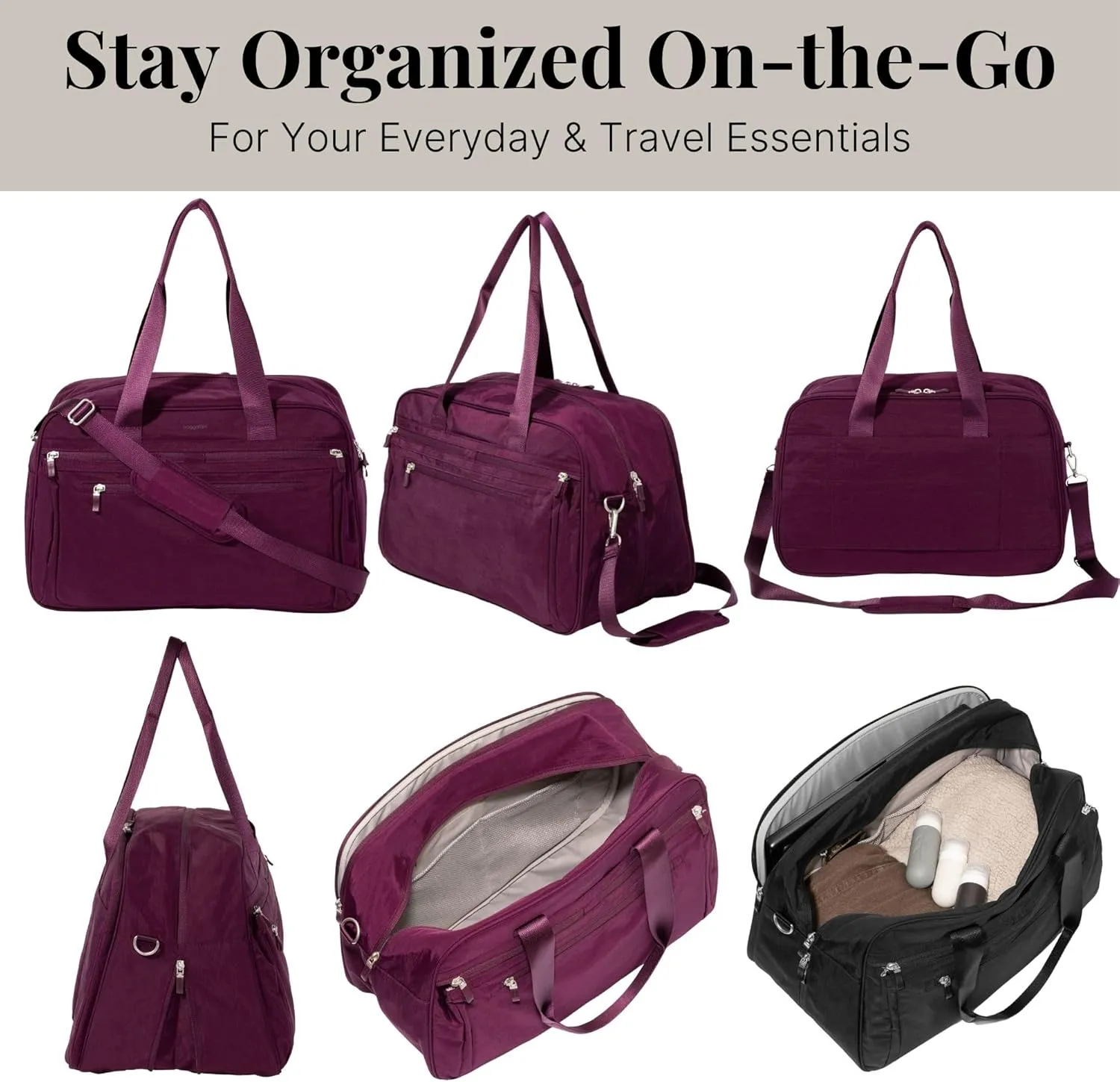 Baggallini Weekender Expandable Duffel - Lightweight 11x17 Inch Overnight Travel Bag