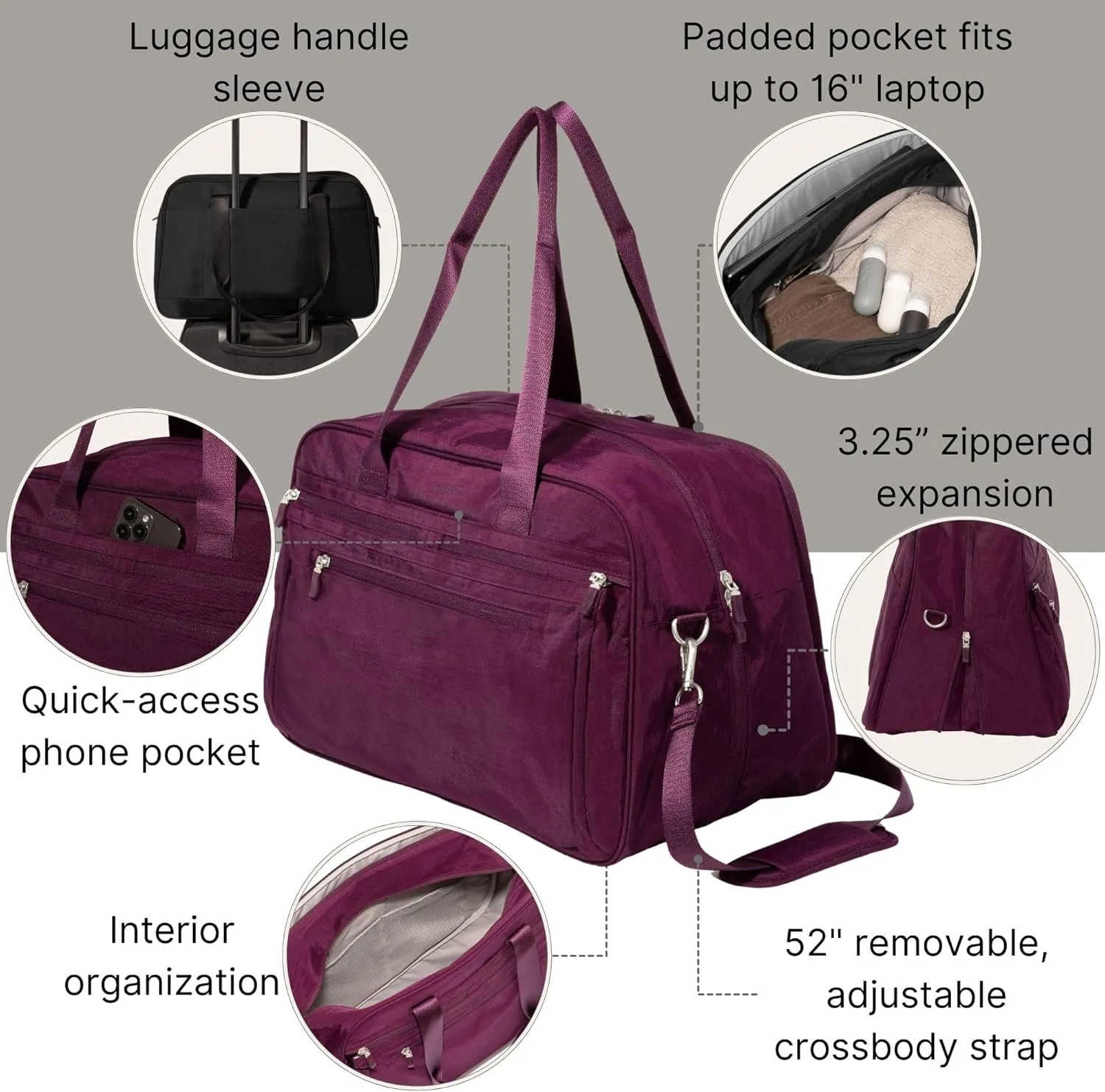 Baggallini Weekender Expandable Duffel - Lightweight 11x17 Inch Overnight Travel Bag
