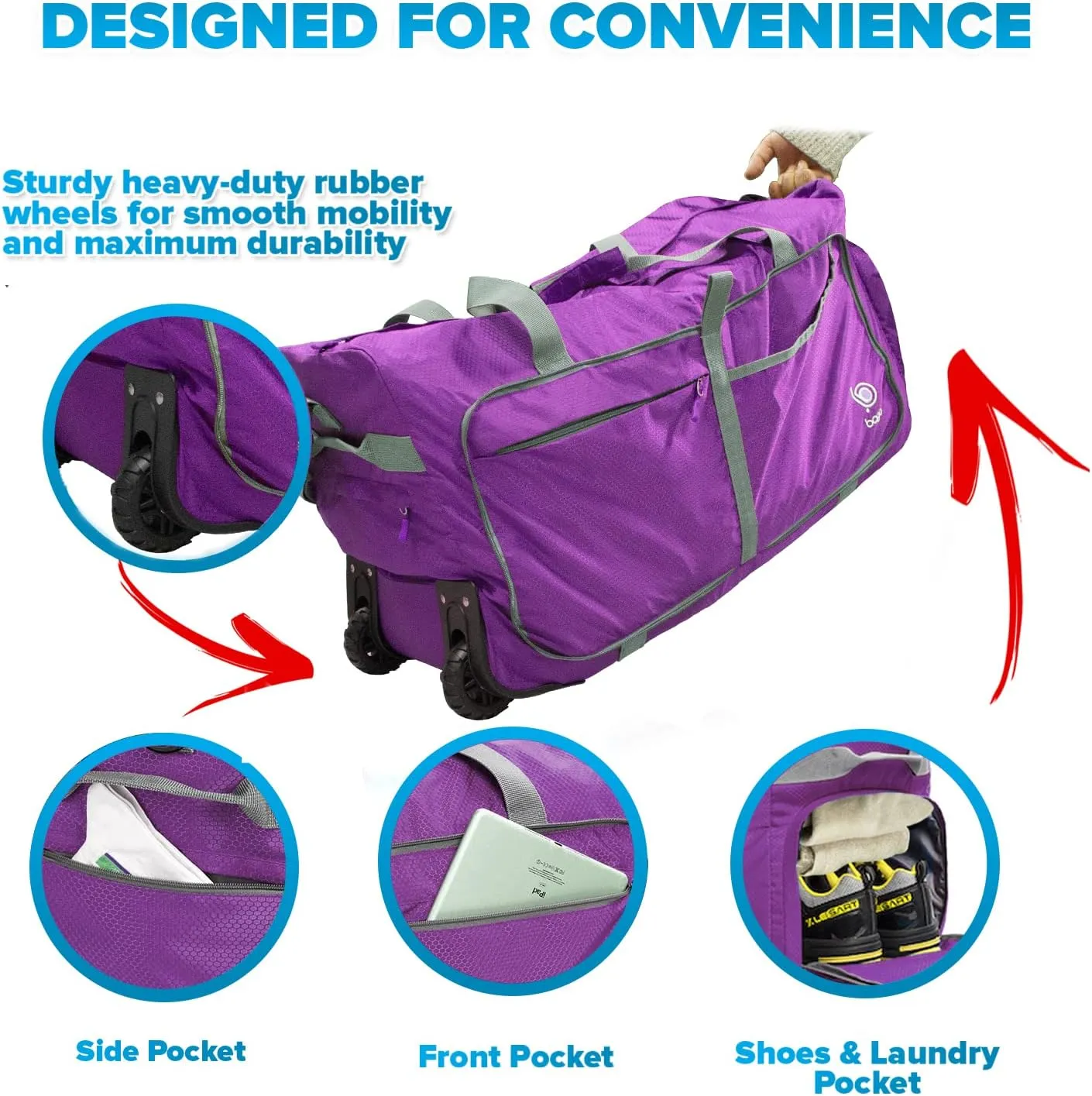 Bago Rolling Duffle Bag with Wheels - 30" 100L Foldable Weekender Bag, Waterproof Travel Duffel Bag, Heavy Duty lightWeight Duffle Bag for Traveling, Rolling Duffel Bag with Wheels (Purple2023)