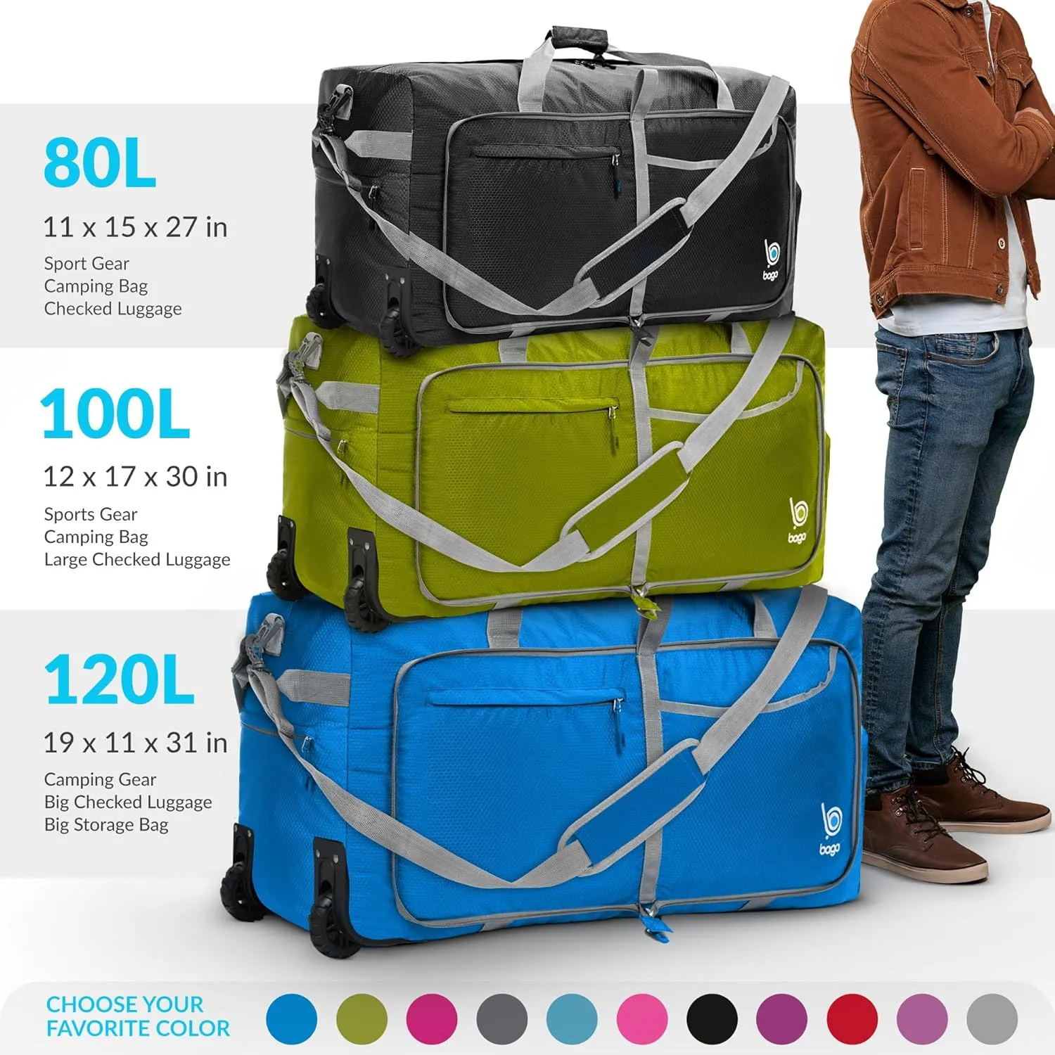 Bago Rolling Duffle Bag with Wheels - 30" 100L Foldable Weekender Bag, Waterproof Travel Duffel Bag, Heavy Duty lightWeight Duffle Bag for Traveling, Rolling Duffel Bag with Wheels (Purple2023)