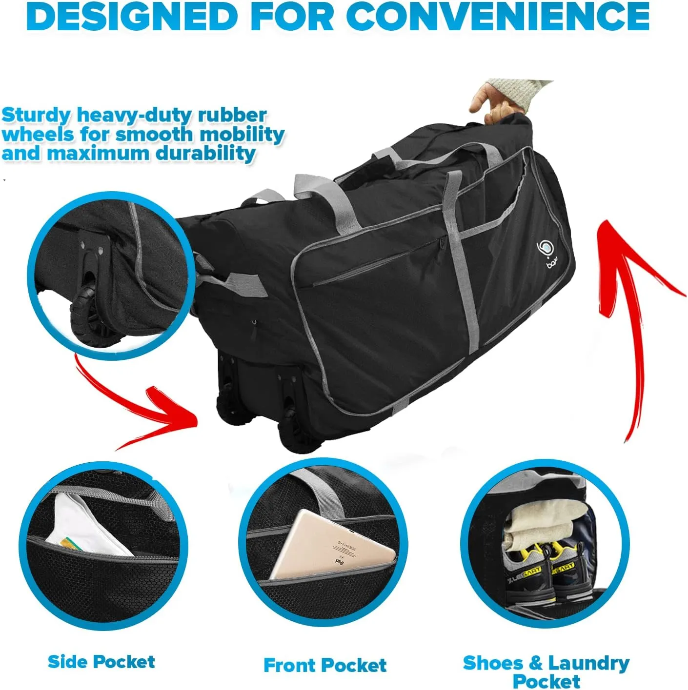 Bago Rolling Duffle Bag with Wheels - 31" 120L Foldable Weekender Bag, Waterproof Travel Duffel Bag, Heavy Duty lightWeight Duffle Bag for Traveling, Rolling Duffel Bag with Wheels (Black)
