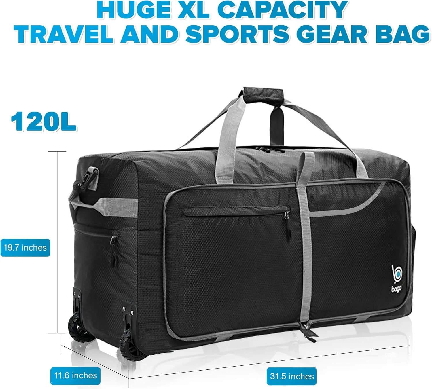 Bago Rolling Duffle Bag with Wheels - 31" 120L Foldable Weekender Bag, Waterproof Travel Duffel Bag, Heavy Duty lightWeight Duffle Bag for Traveling, Rolling Duffel Bag with Wheels (Black)