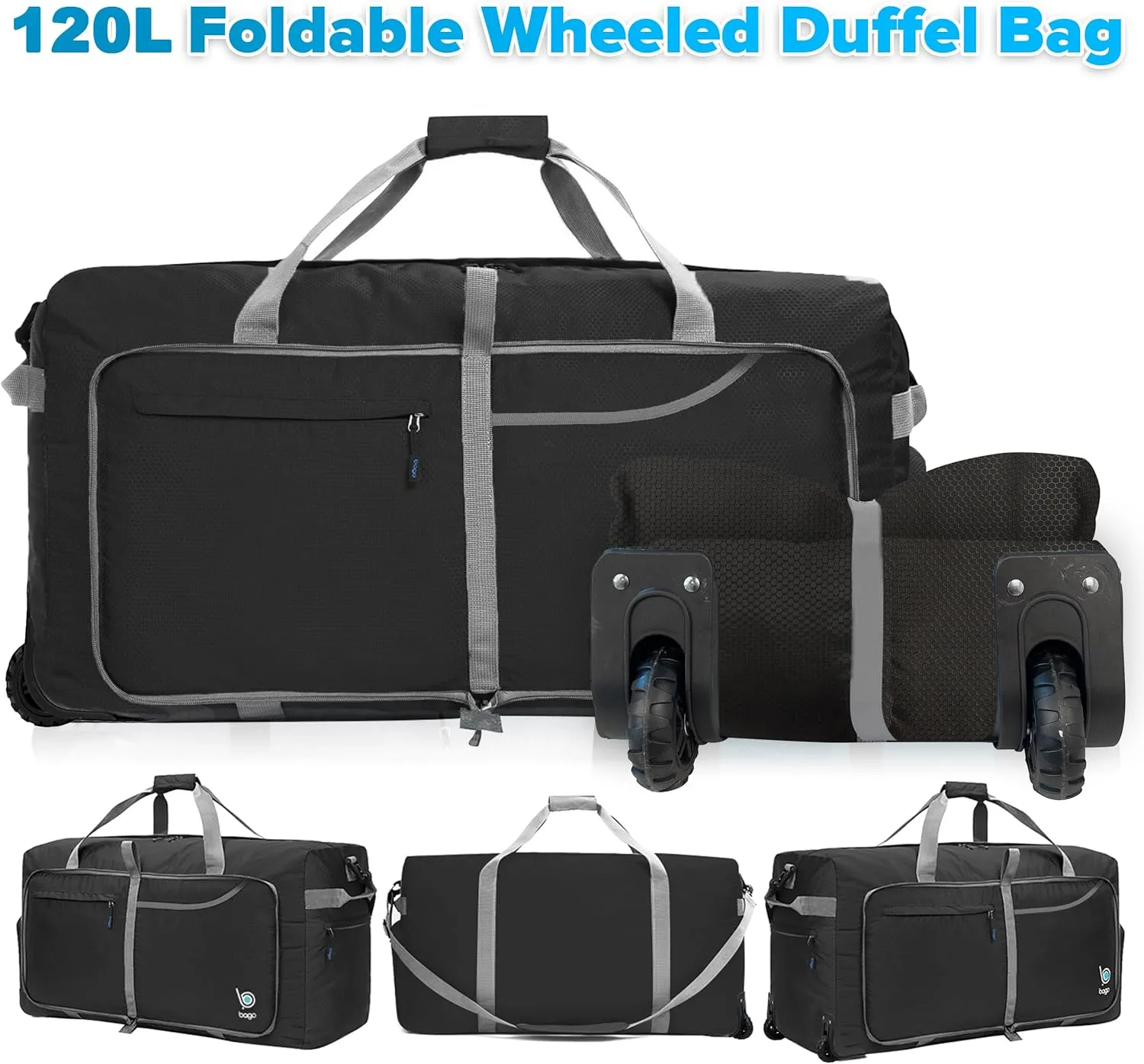 Bago Rolling Duffle Bag with Wheels - 31" 120L Foldable Weekender Bag, Waterproof Travel Duffel Bag, Heavy Duty lightWeight Duffle Bag for Traveling, Rolling Duffel Bag with Wheels (Black)
