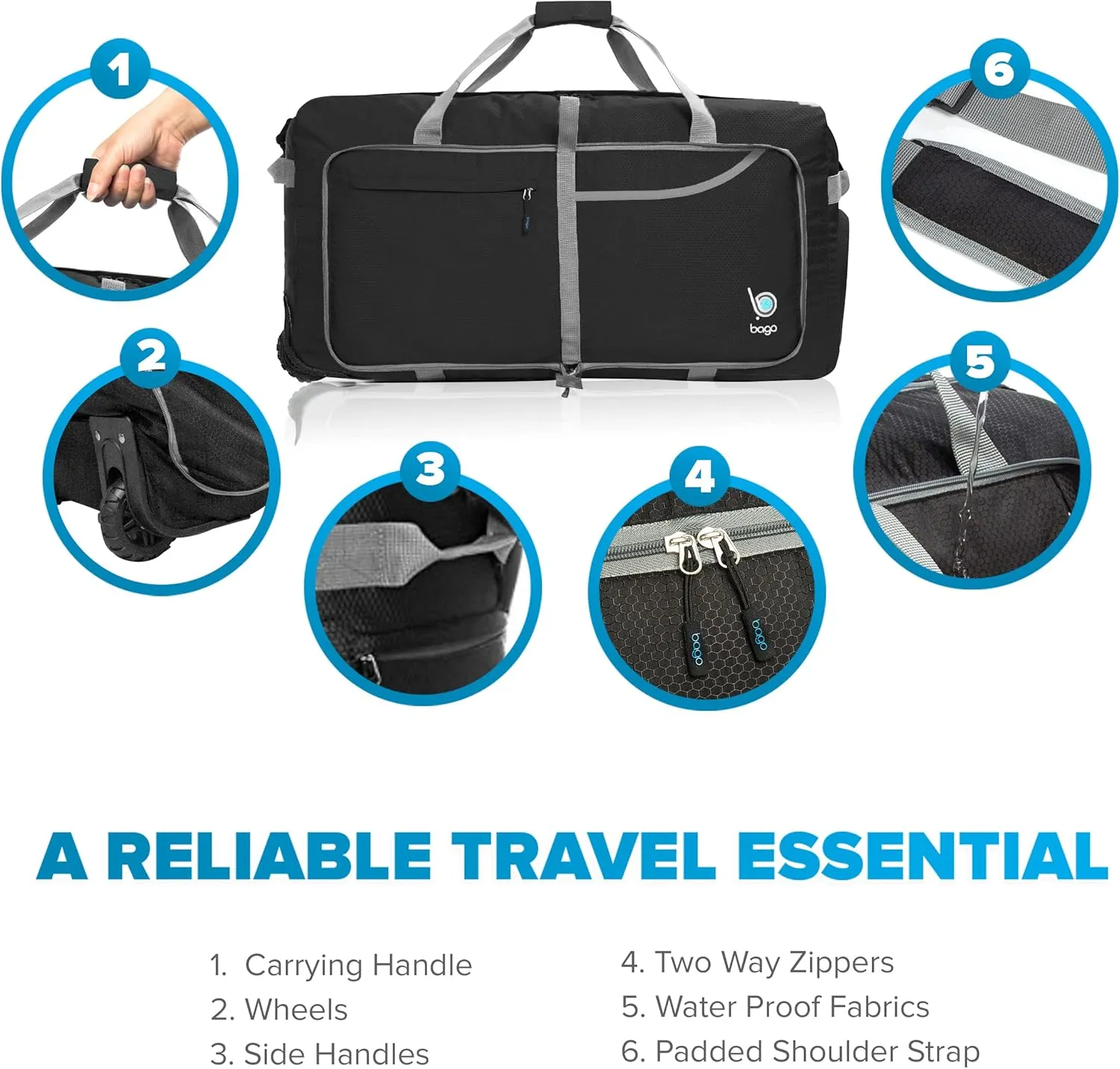 Bago Rolling Duffle Bag with Wheels - 31" 120L Foldable Weekender Bag, Waterproof Travel Duffel Bag, Heavy Duty lightWeight Duffle Bag for Traveling, Rolling Duffel Bag with Wheels (Black)
