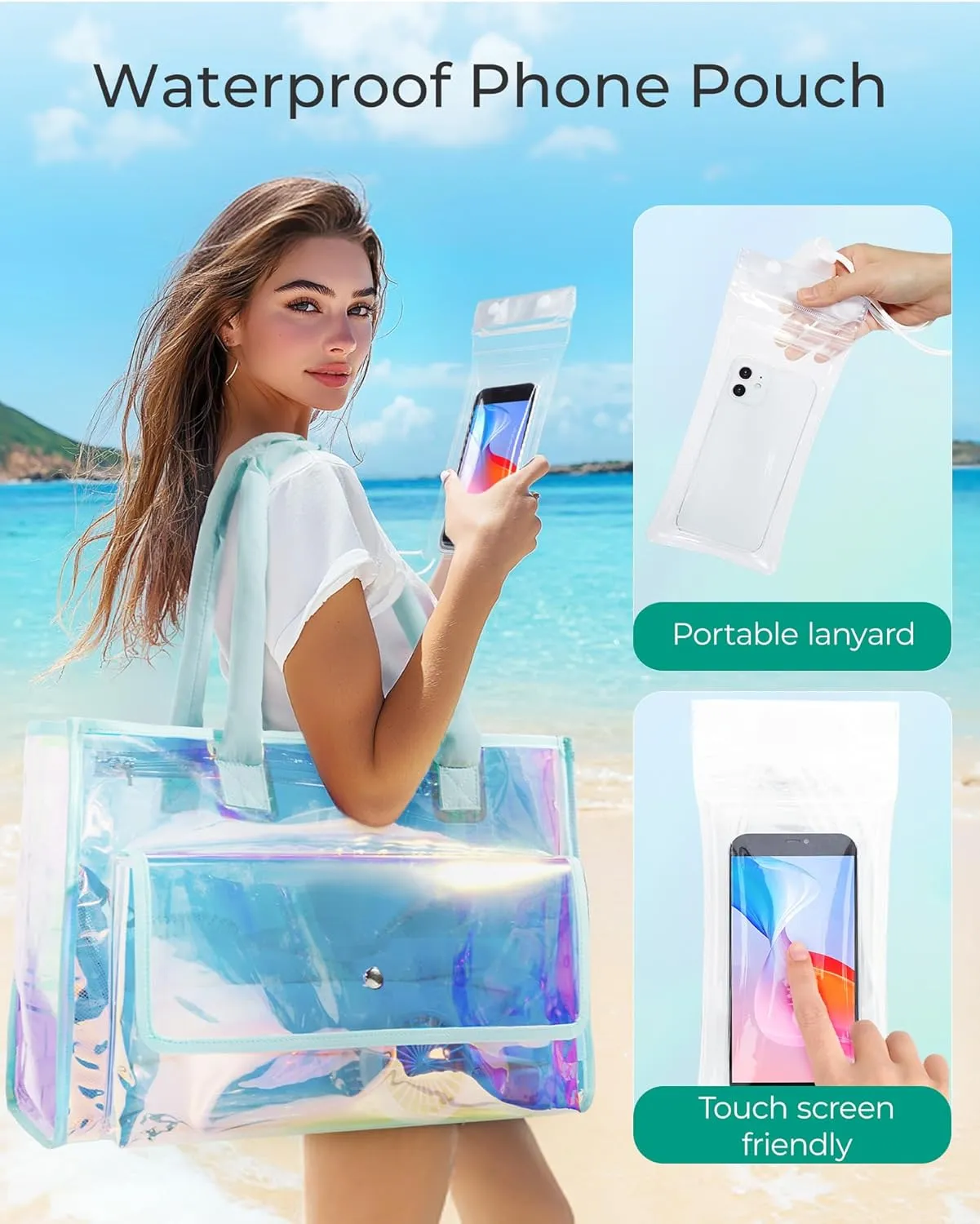 BAGSMART Waterproof Beach Bag for Women with Phone Pouch, Large Tote Bag for Pool, Travel and Vacation
