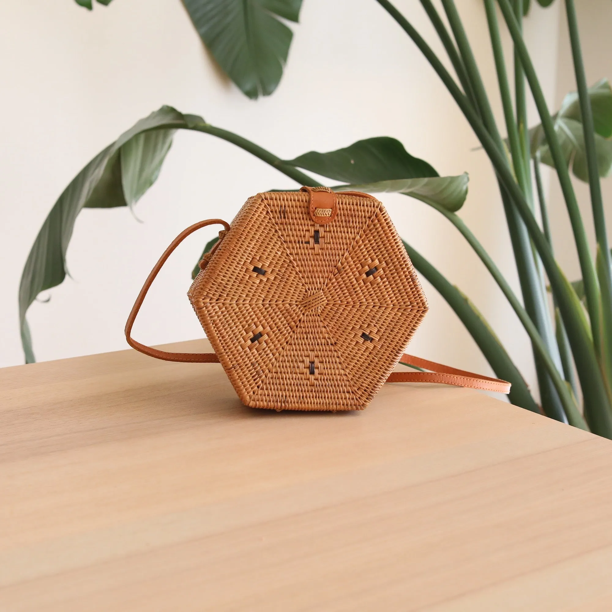 Bali Hexagon Rattan Crossbody Bag