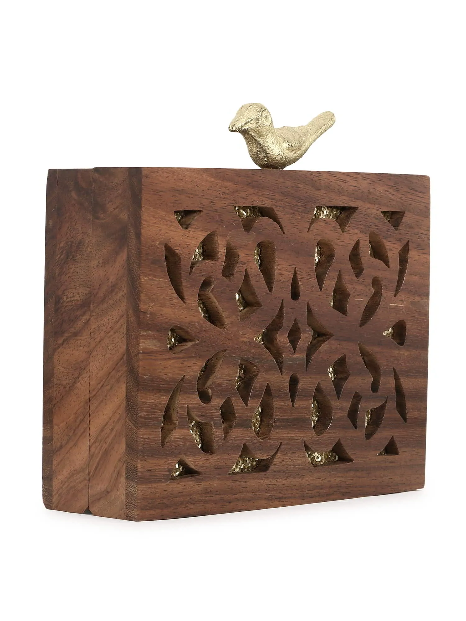 Balk Wooden Ethnic Motifs Wooden Sequined Clutch