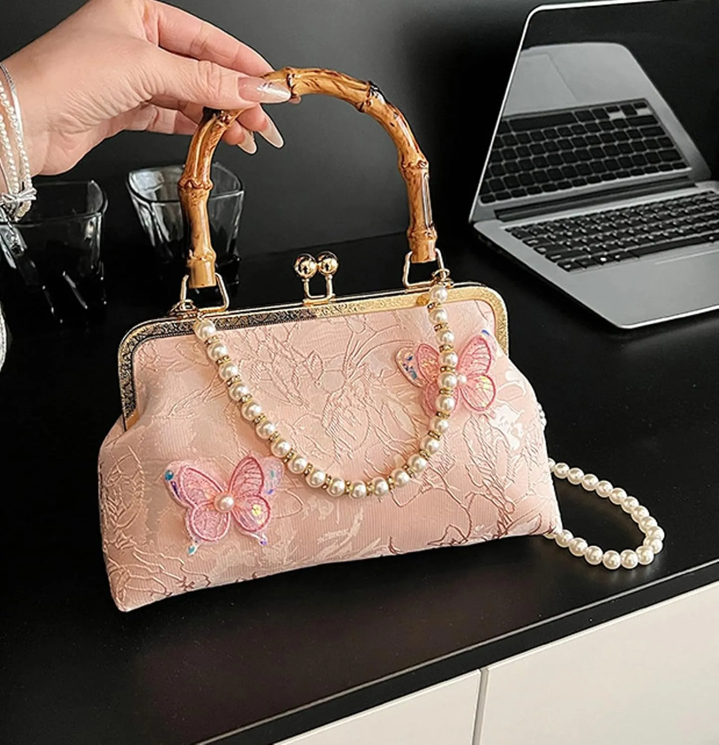 Bamboo Handle Handbag Women Elegant Kiss Lock Clutch with 3D Butterfly Embroidery Crossbody Purse Chinese Style