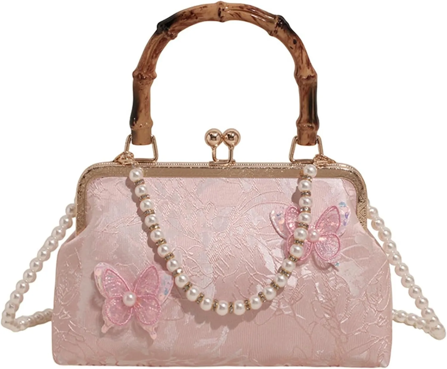 Bamboo Handle Handbag Women Elegant Kiss Lock Clutch with 3D Butterfly Embroidery Crossbody Purse Chinese Style