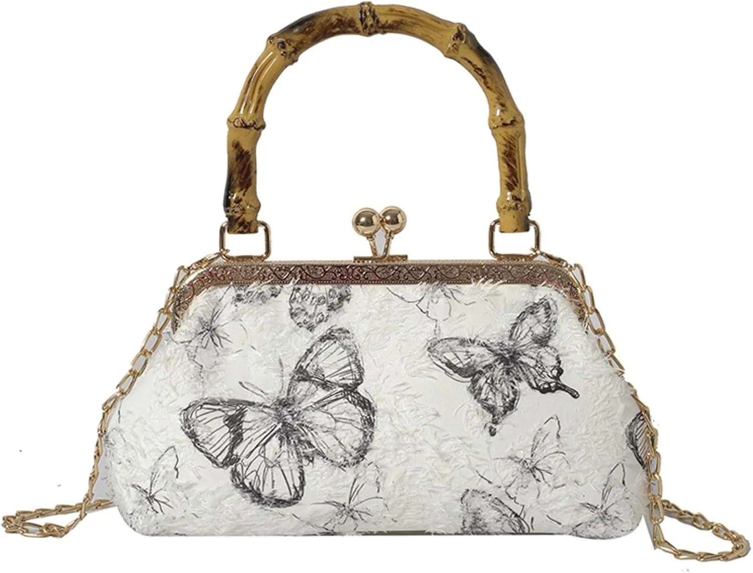 Bamboo Handle Handbag Women Elegant Kiss Lock Clutch with 3D Butterfly Embroidery Crossbody Purse Chinese Style
