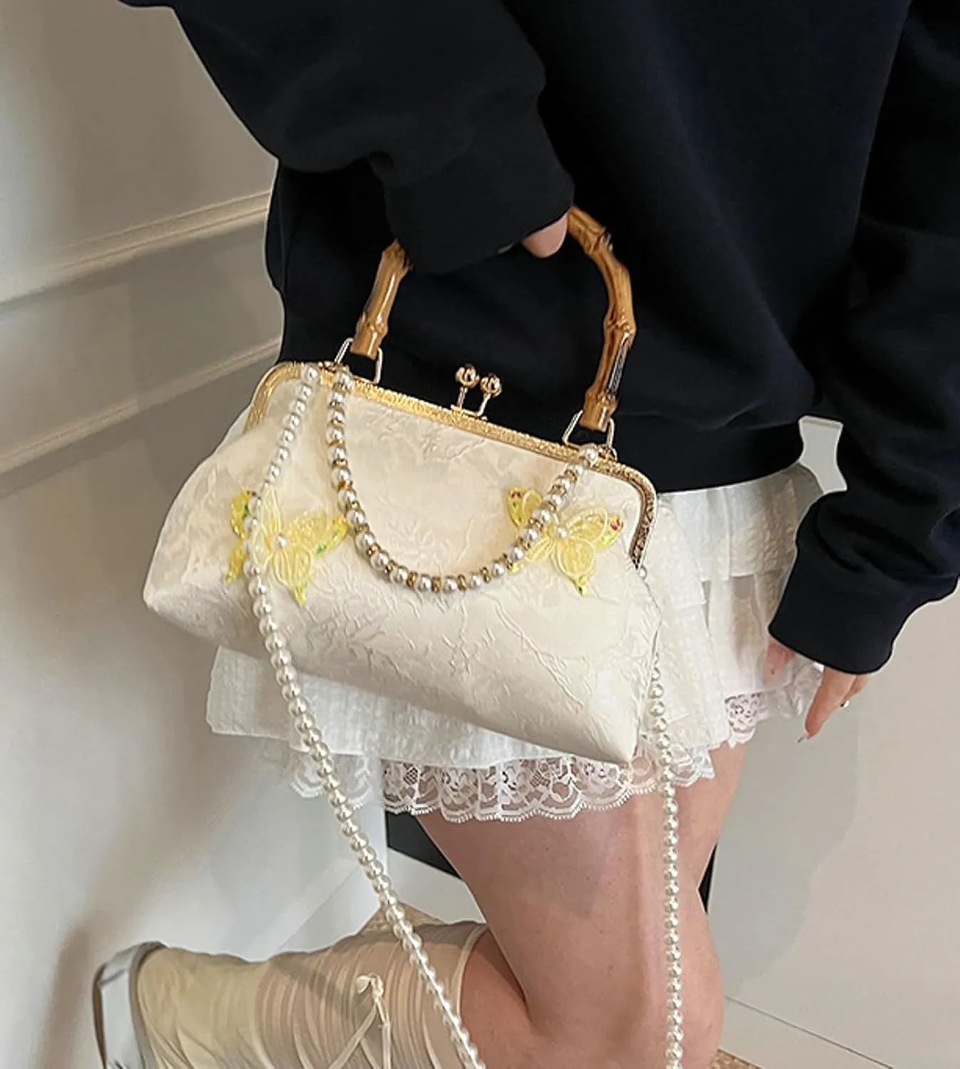 Bamboo Handle Handbag Women Elegant Kiss Lock Clutch with 3D Butterfly Embroidery Crossbody Purse Chinese Style