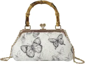 Bamboo Handle Handbag Women Elegant Kiss Lock Clutch with 3D Butterfly Embroidery Crossbody Purse Chinese Style