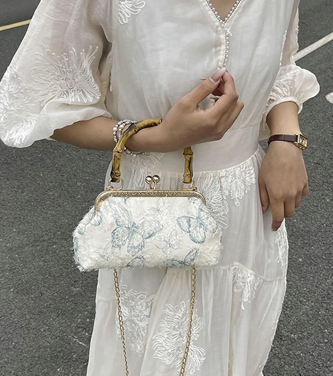 Bamboo Handle Handbag Women Elegant Kiss Lock Clutch with 3D Butterfly Embroidery Crossbody Purse Chinese Style