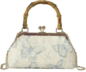 Bamboo Handle Handbag Women Elegant Kiss Lock Clutch with 3D Butterfly Embroidery Crossbody Purse Chinese Style