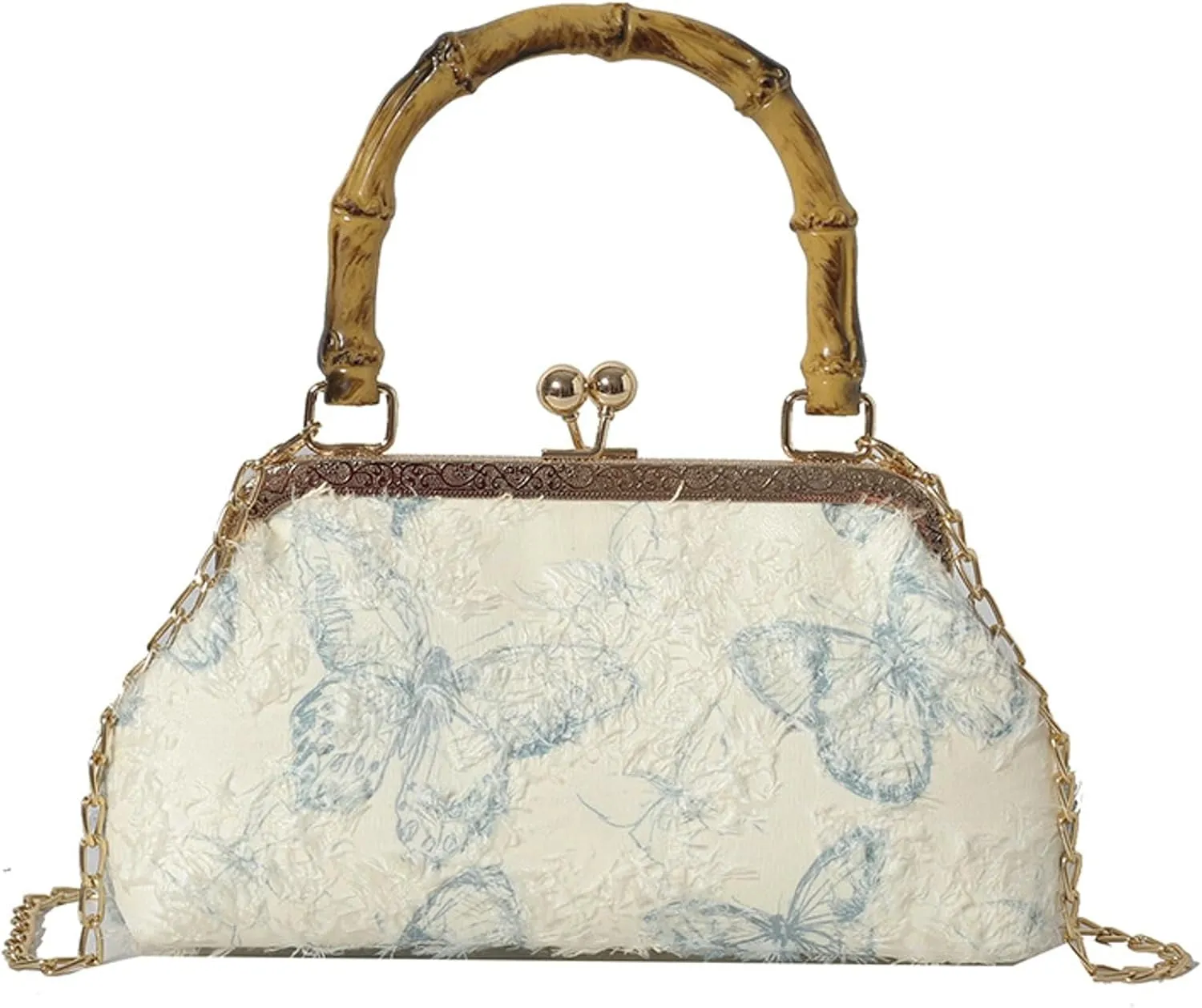 Bamboo Handle Handbag Women Elegant Kiss Lock Clutch with 3D Butterfly Embroidery Crossbody Purse Chinese Style