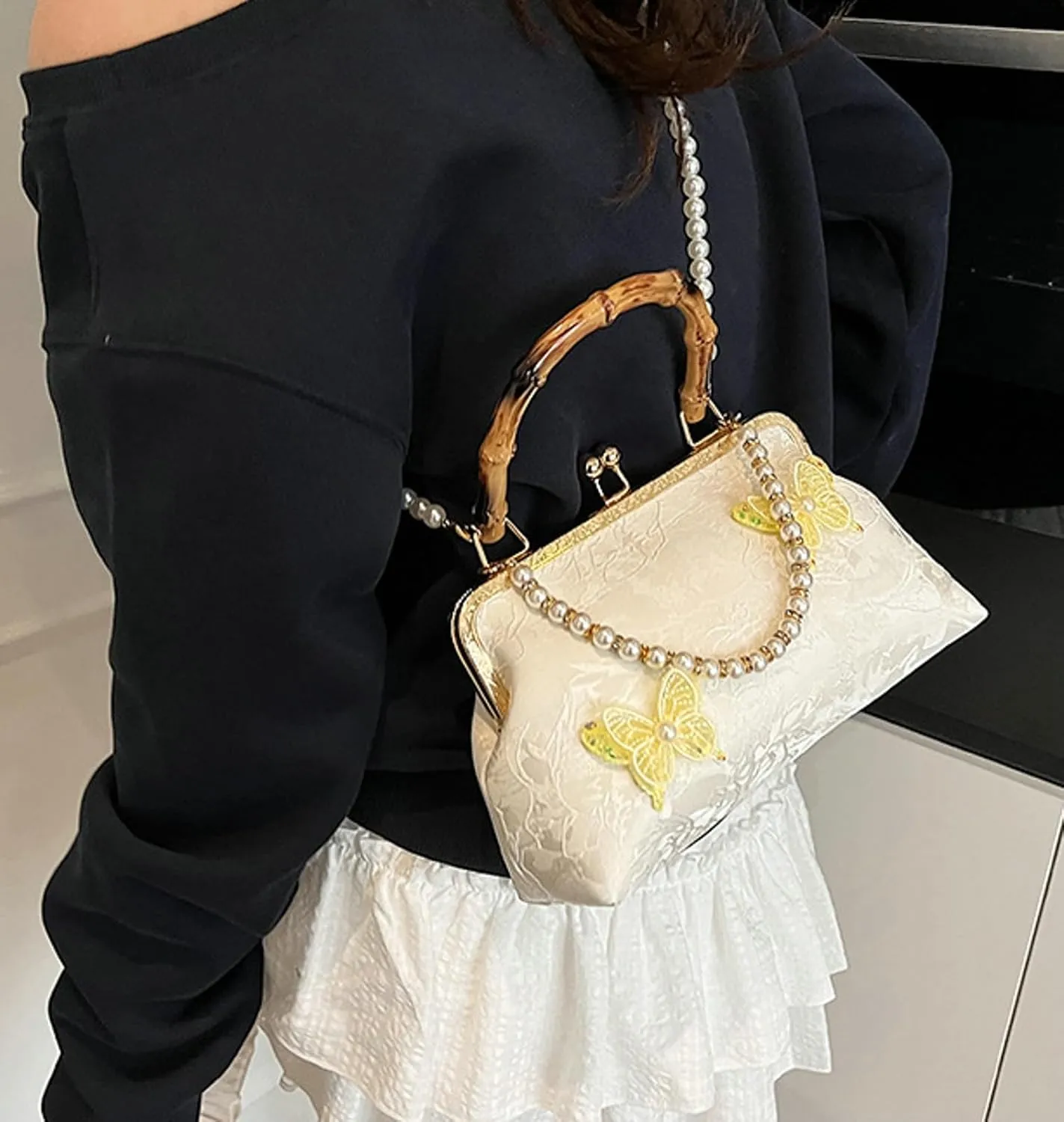 Bamboo Handle Handbag Women Elegant Kiss Lock Clutch with 3D Butterfly Embroidery Crossbody Purse Chinese Style