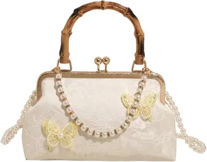 Bamboo Handle Handbag Women Elegant Kiss Lock Clutch with 3D Butterfly Embroidery Crossbody Purse Chinese Style