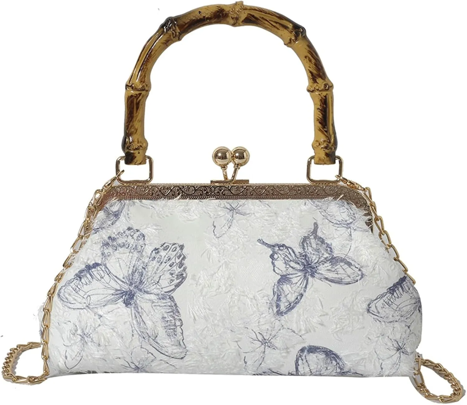 Bamboo Handle Handbag Women Elegant Kiss Lock Clutch with 3D Butterfly Embroidery Crossbody Purse Chinese Style