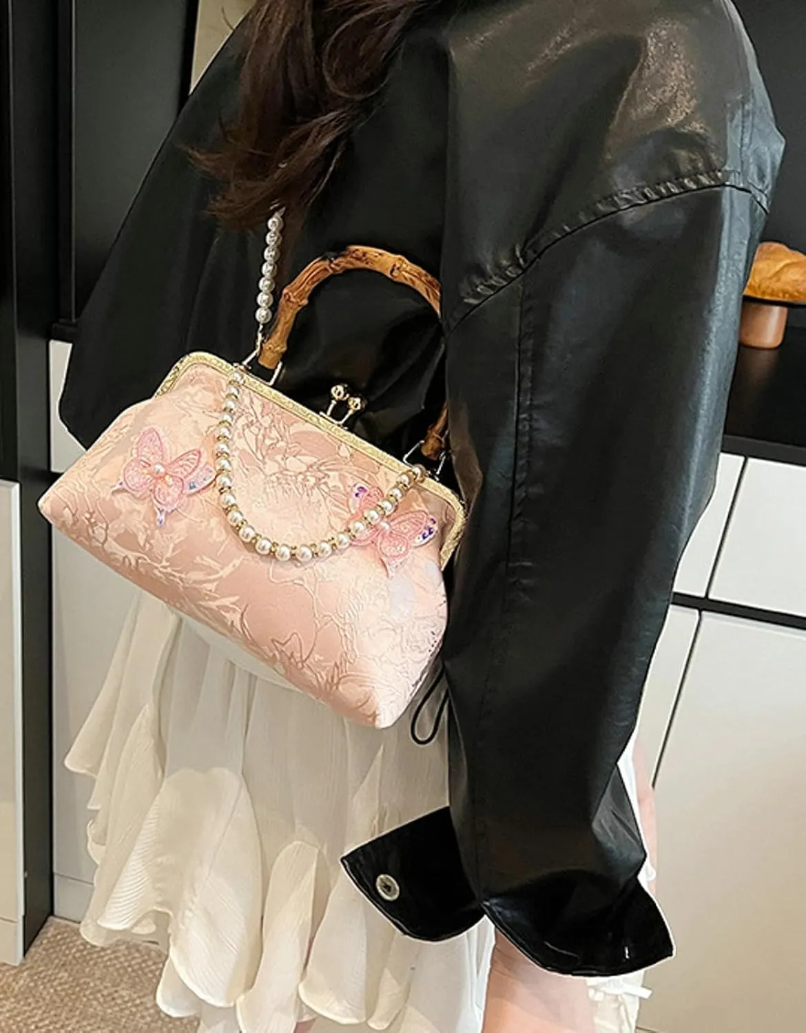 Bamboo Handle Handbag Women Elegant Kiss Lock Clutch with 3D Butterfly Embroidery Crossbody Purse Chinese Style