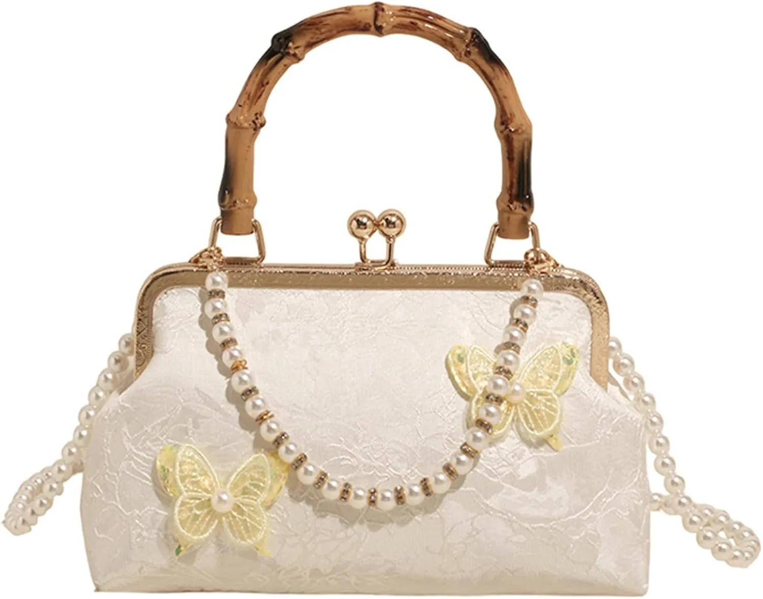Bamboo Handle Handbag Women Elegant Kiss Lock Clutch with 3D Butterfly Embroidery Crossbody Purse Chinese Style