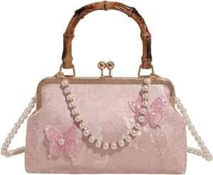 Bamboo Handle Handbag Women Elegant Kiss Lock Clutch with 3D Butterfly Embroidery Crossbody Purse Chinese Style