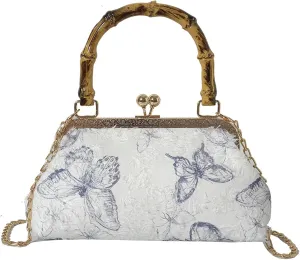 Bamboo Handle Handbag Women Elegant Kiss Lock Clutch with 3D Butterfly Embroidery Crossbody Purse Chinese Style