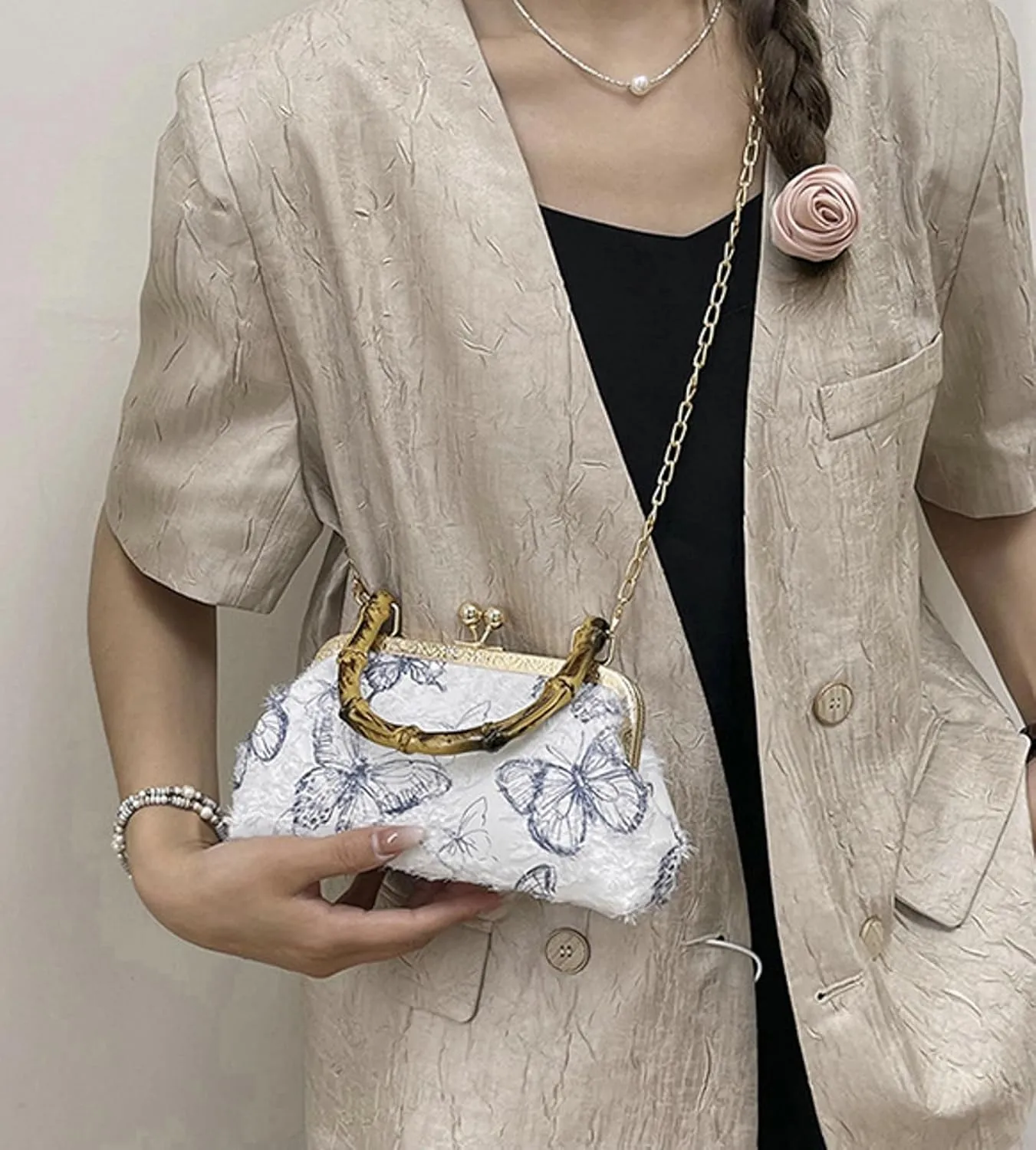Bamboo Handle Handbag Women Elegant Kiss Lock Clutch with 3D Butterfly Embroidery Crossbody Purse Chinese Style
