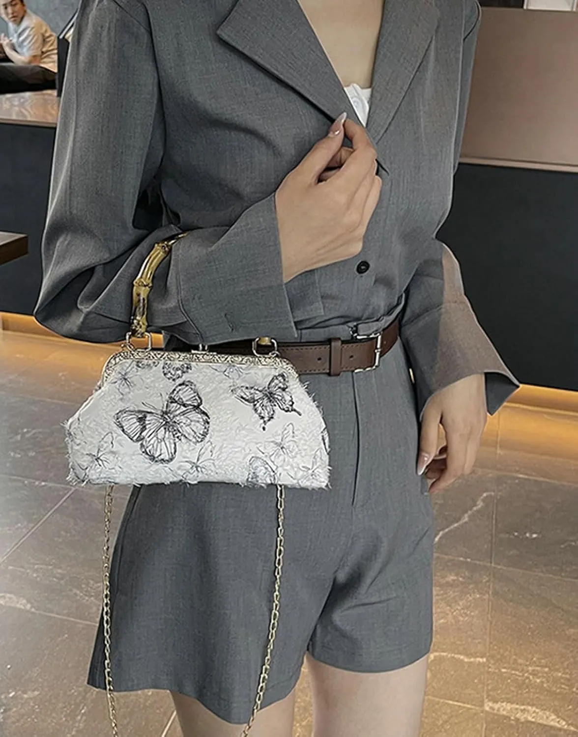 Bamboo Handle Handbag Women Elegant Kiss Lock Clutch with 3D Butterfly Embroidery Crossbody Purse Chinese Style