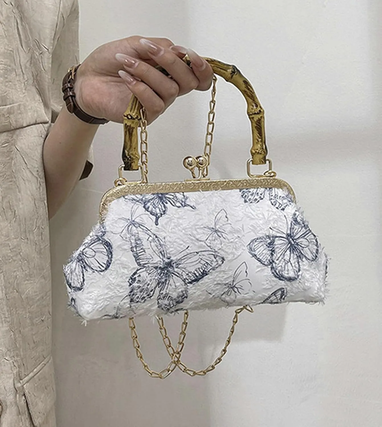 Bamboo Handle Handbag Women Elegant Kiss Lock Clutch with 3D Butterfly Embroidery Crossbody Purse Chinese Style
