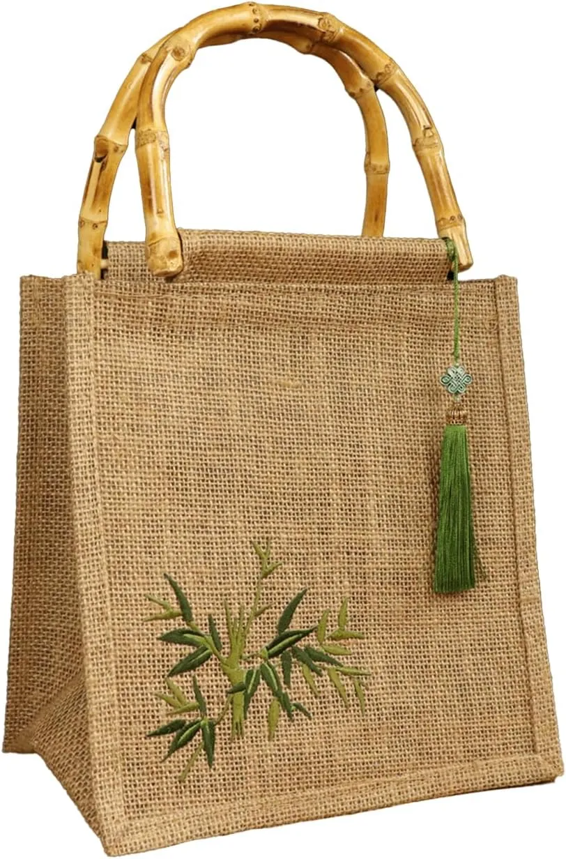 Bamboo Handle Purse for Woman Bamboo Leaf Embroidered Linen Handbag Retro Tassel Charm Purses Elegant Bucket Bag