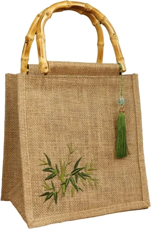 Bamboo Handle Purse for Woman Bamboo Leaf Embroidered Linen Handbag Retro Tassel Charm Purses Elegant Bucket Bag