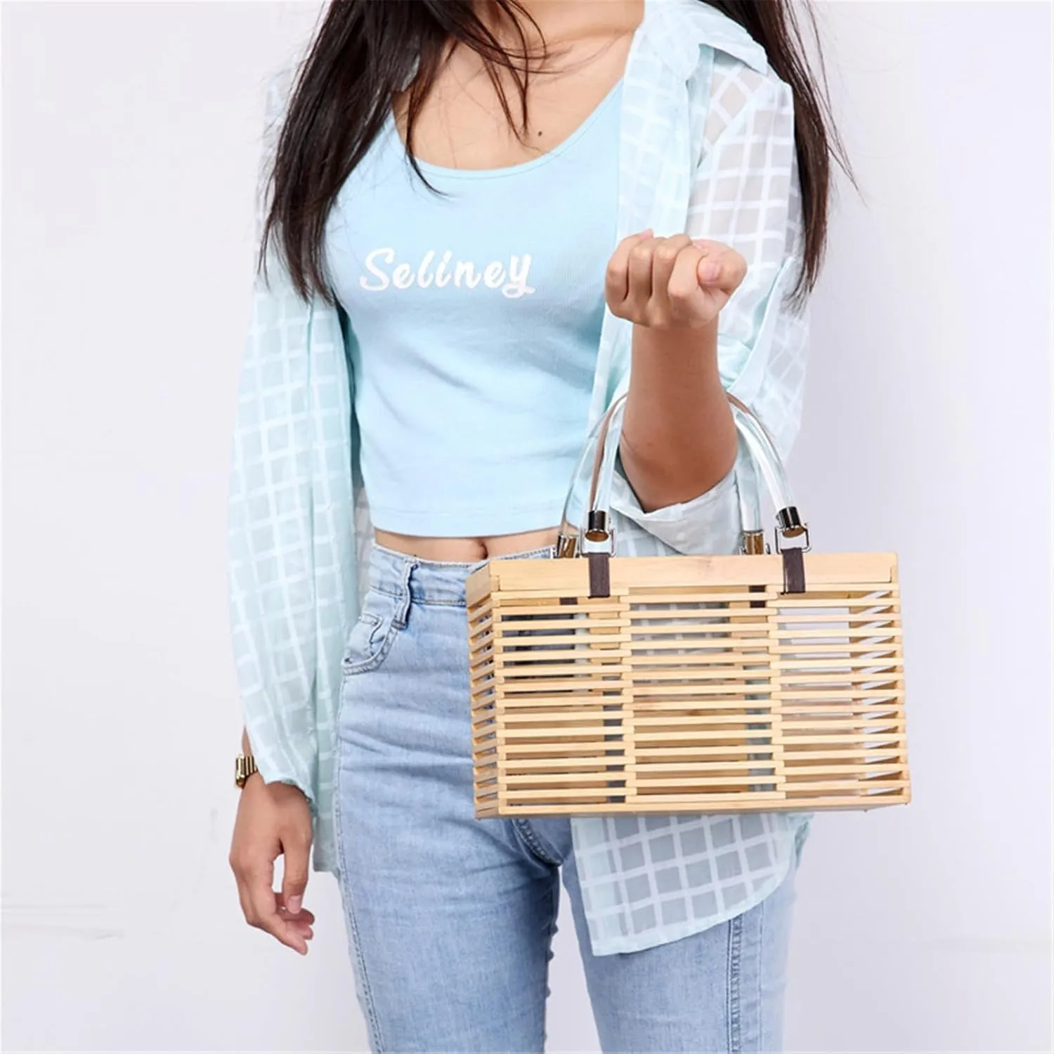 Bamboo Woven Bag Bamboo Bag Tote Woven Bag Square Basket Bag Hollow Rattan Bag Beach Vacation Bag