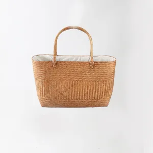 Bamboo Woven Lined Market Basket With Cane Handles