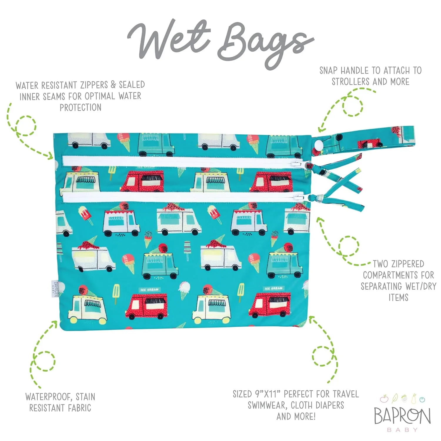 BapronBaby Ice Cream Truck Wet Dry Bag - Waterproof Two Zipper Pockets - Reusable for Mealtime, Diapers, Stroller, Snacks, Swimsuits - Machine Washable - 11" x 9"