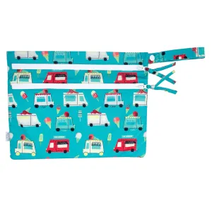 BapronBaby Ice Cream Truck Wet Dry Bag - Waterproof Two Zipper Pockets - Reusable for Mealtime, Diapers, Stroller, Snacks, Swimsuits - Machine Washable - 11" x 9"