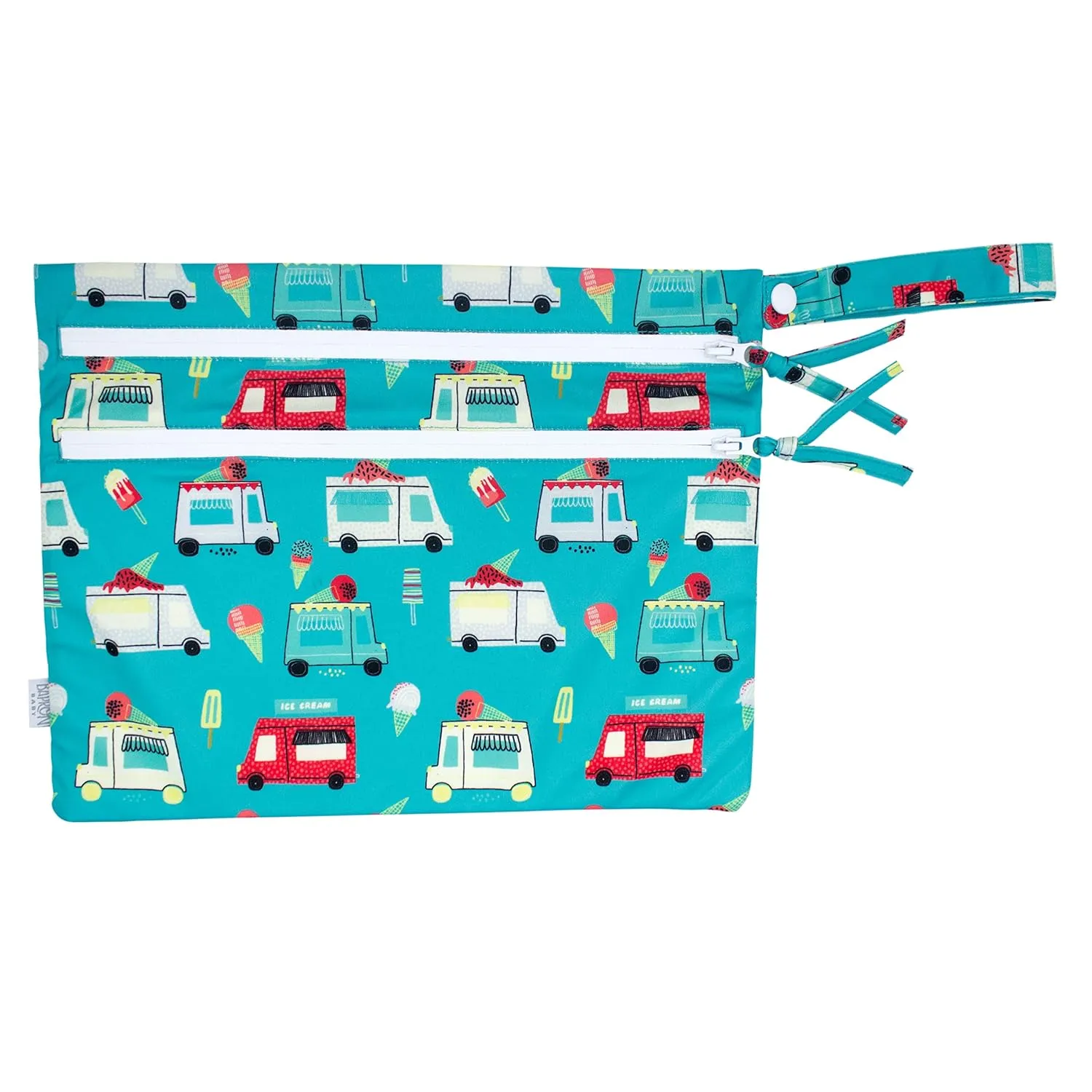 BapronBaby Ice Cream Truck Wet Dry Bag - Waterproof Two Zipper Pockets - Reusable for Mealtime, Diapers, Stroller, Snacks, Swimsuits - Machine Washable - 11" x 9"