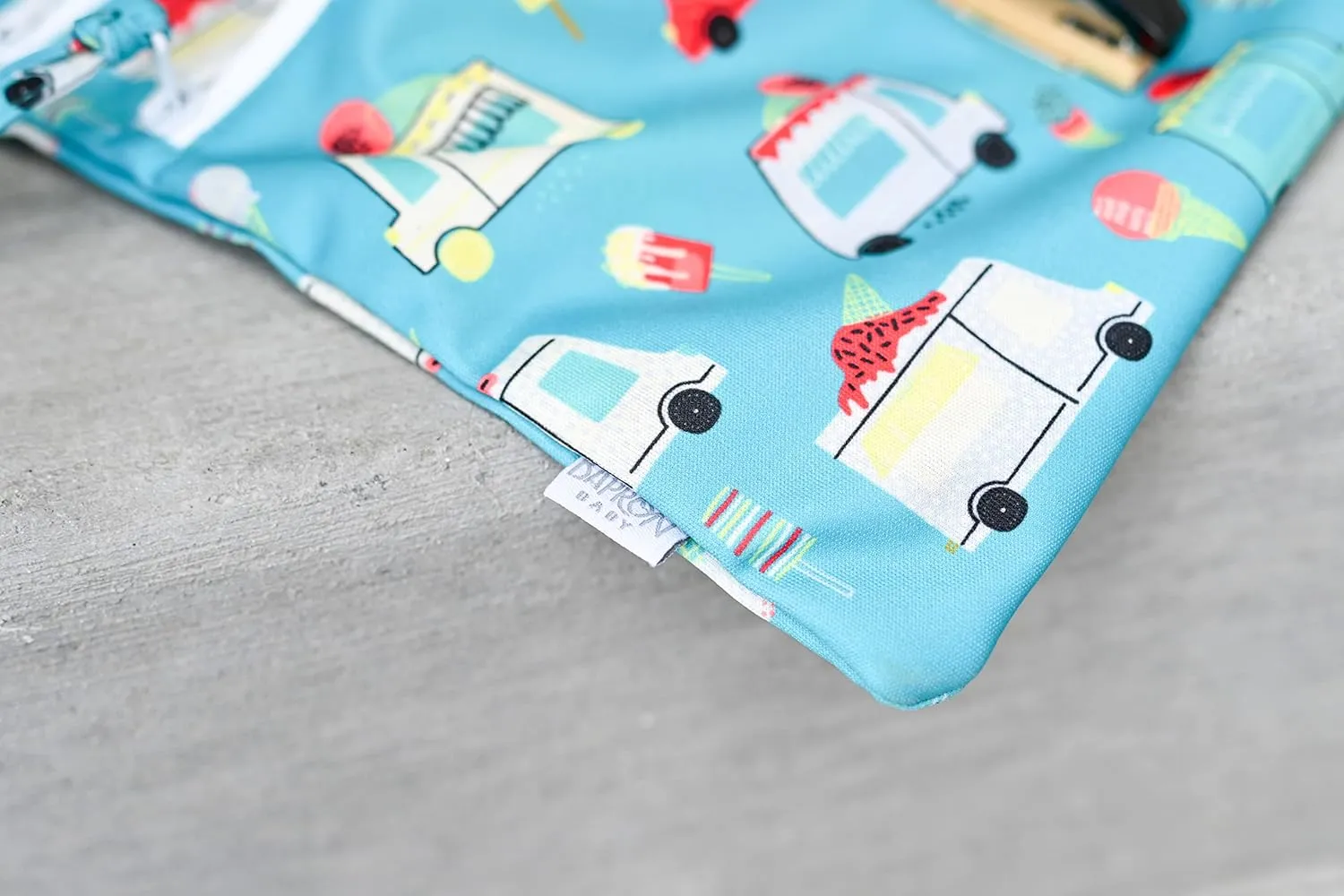BapronBaby Ice Cream Truck Wet Dry Bag - Waterproof Two Zipper Pockets - Reusable for Mealtime, Diapers, Stroller, Snacks, Swimsuits - Machine Washable - 11" x 9"