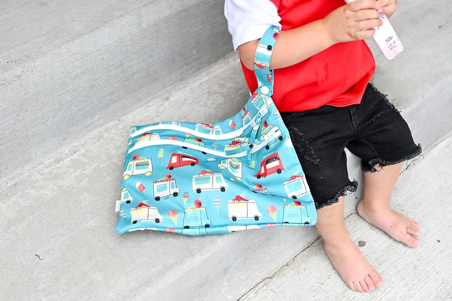 BapronBaby Ice Cream Truck Wet Dry Bag - Waterproof Two Zipper Pockets - Reusable for Mealtime, Diapers, Stroller, Snacks, Swimsuits - Machine Washable - 11" x 9"