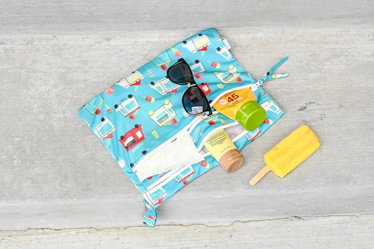 BapronBaby Ice Cream Truck Wet Dry Bag - Waterproof Two Zipper Pockets - Reusable for Mealtime, Diapers, Stroller, Snacks, Swimsuits - Machine Washable - 11" x 9"