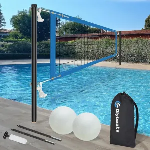 Base Free Swimming Pool Volleyball Net Set for Above Ground/Inground Pools with 3-Height Adjustable Aluminium Poles, Durable Anti-Sagging Net, 2 Water Volleyballs and Carry Bag