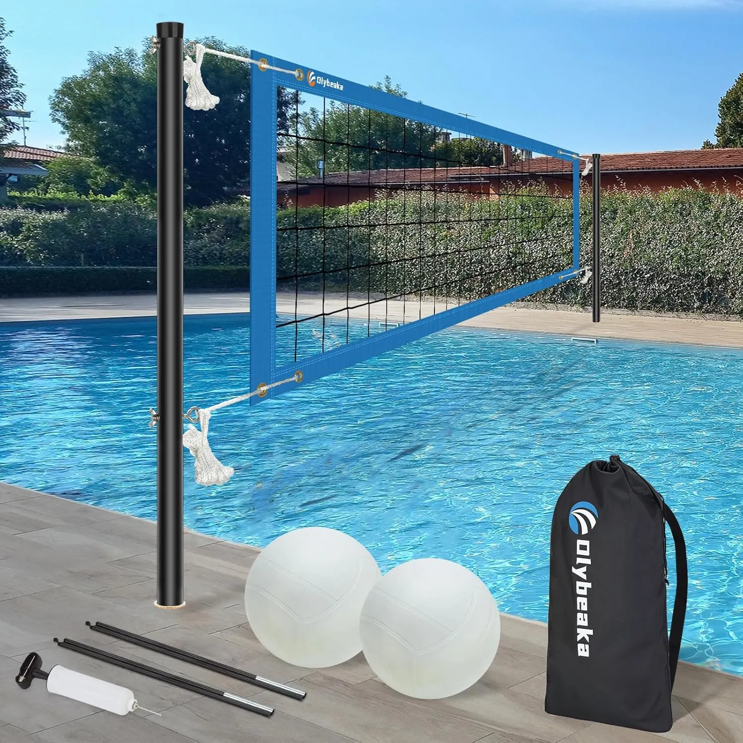 Base Free Swimming Pool Volleyball Net Set for Above Ground/Inground Pools with 3-Height Adjustable Aluminium Poles, Durable Anti-Sagging Net, 2 Water Volleyballs and Carry Bag
