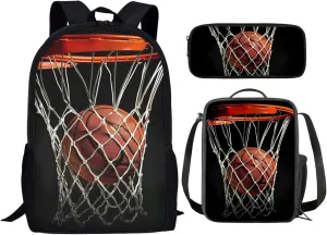 Basketball Ball Backpack for Middle School Girls 10-12 with Lunch Box Pencil Case 3 Piece School Backpack Set for Boys 17 Inch Elementary Student Bookbag
