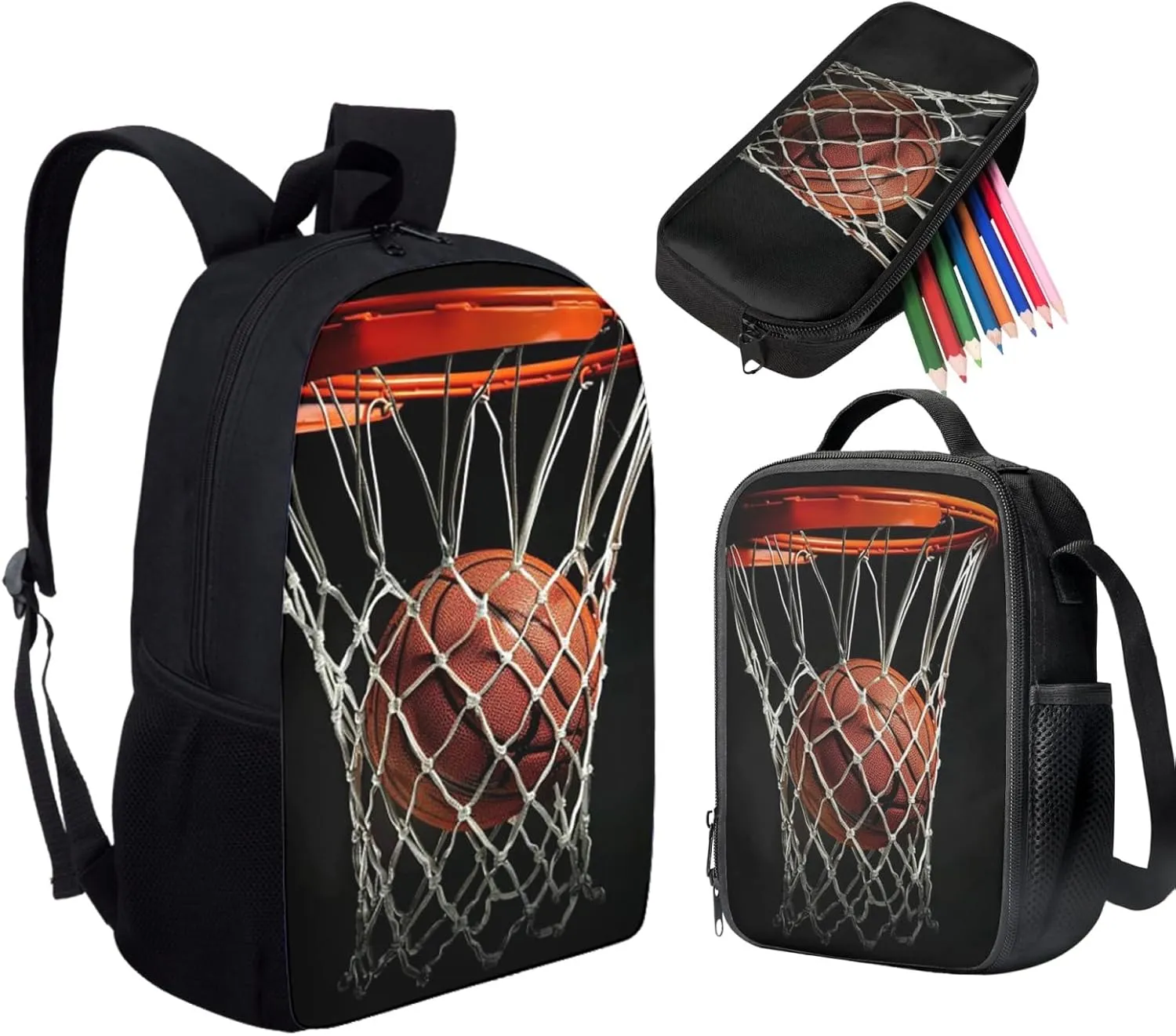 Basketball Ball Backpack for Middle School Girls 10-12 with Lunch Box Pencil Case 3 Piece School Backpack Set for Boys 17 Inch Elementary Student Bookbag