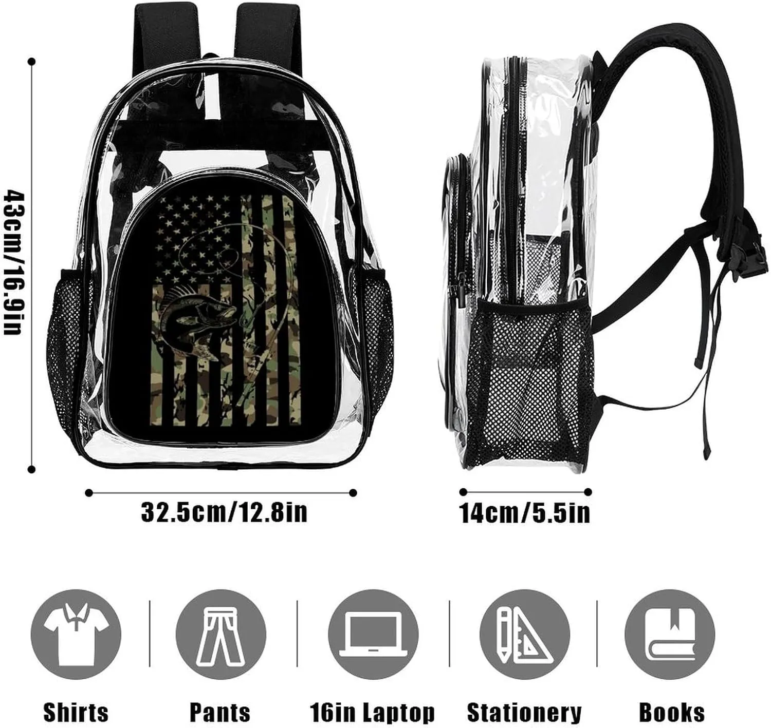 Bass Fishing Camo Camouflage American Flag Hunting Black Clear Backpack See Through Backpack Heavy Duty Clear Backpacks Transparent Bookbag for Work, Security, College