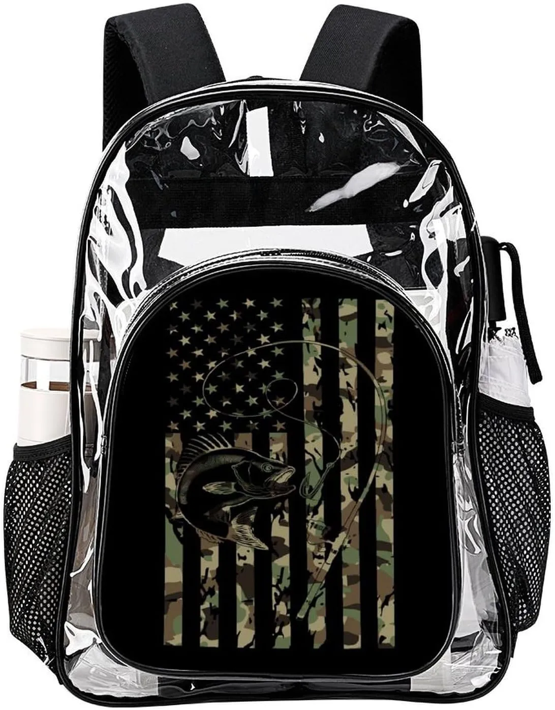 Bass Fishing Camo Camouflage American Flag Hunting Black Clear Backpack See Through Backpack Heavy Duty Clear Backpacks Transparent Bookbag for Work, Security, College
