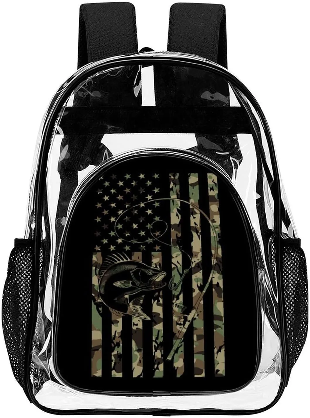 Bass Fishing Camo Camouflage American Flag Hunting Black Clear Backpack See Through Backpack Heavy Duty Clear Backpacks Transparent Bookbag for Work, Security, College